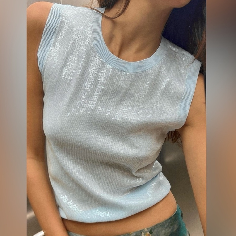 NEW Zara sleeveless sky blue sequin knit top NWT / Sold out